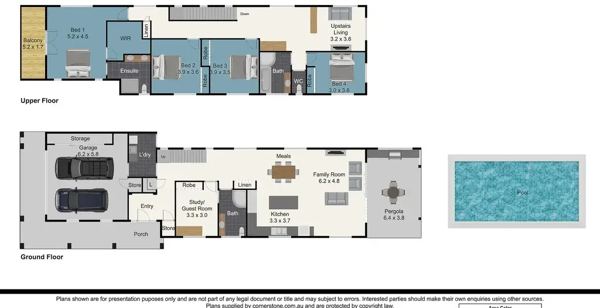 Colour floor plan of a two storey house with a pool