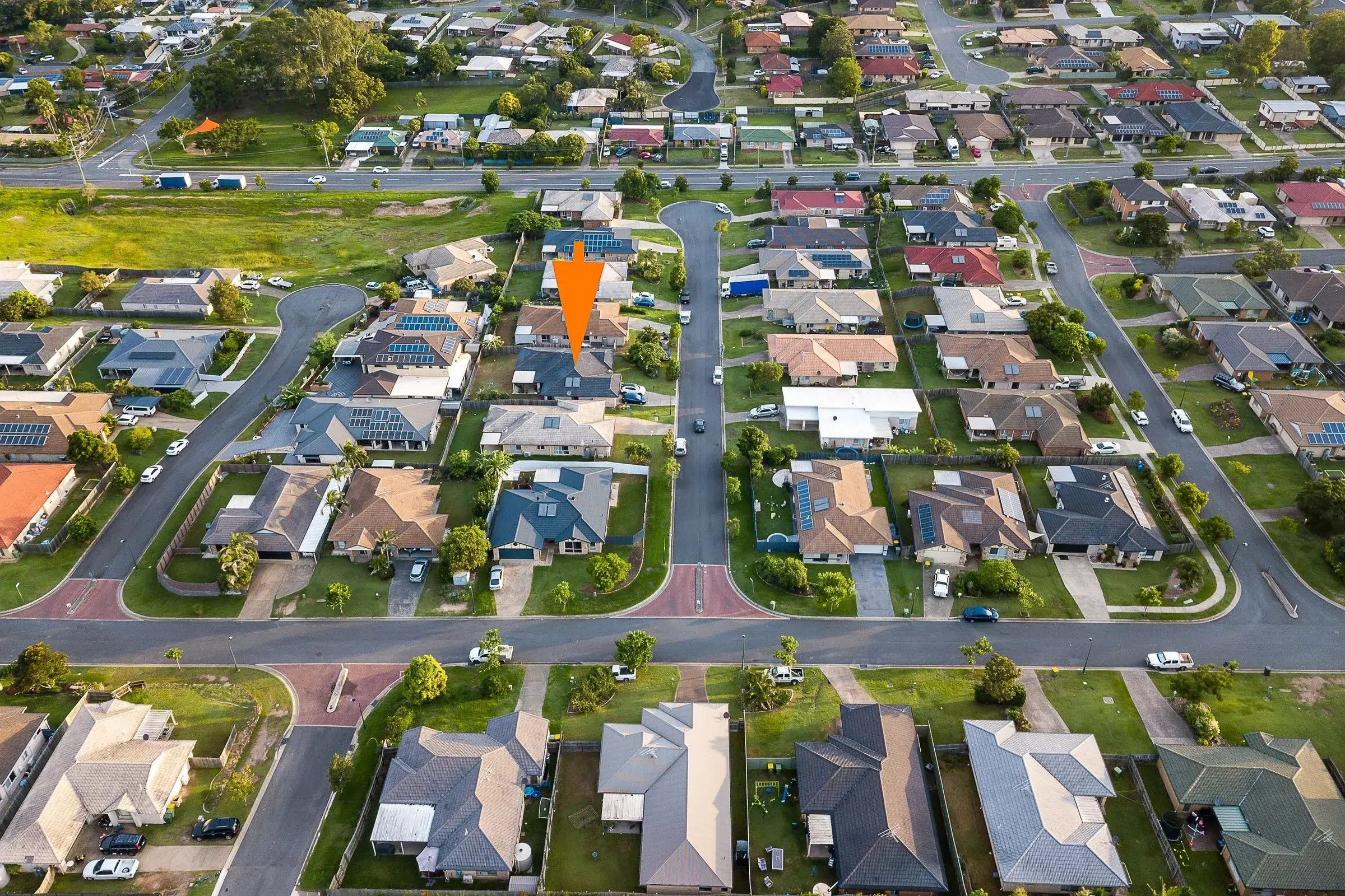 Drone view of an estate with the property marked